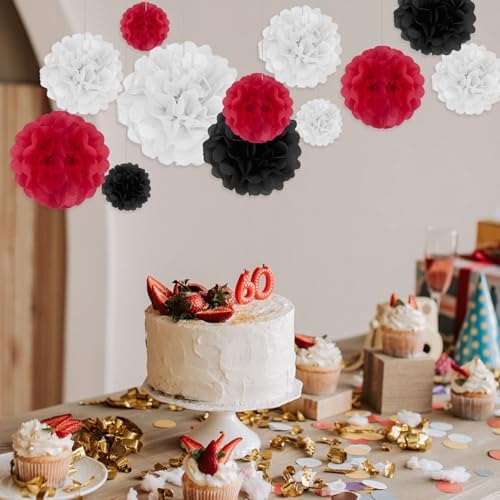 Tissue Paper Pom Poms 18 Piece Set Black White Red