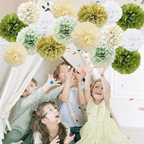 Sage Green Gold White Tissue Pom Poms Party Decor Kit