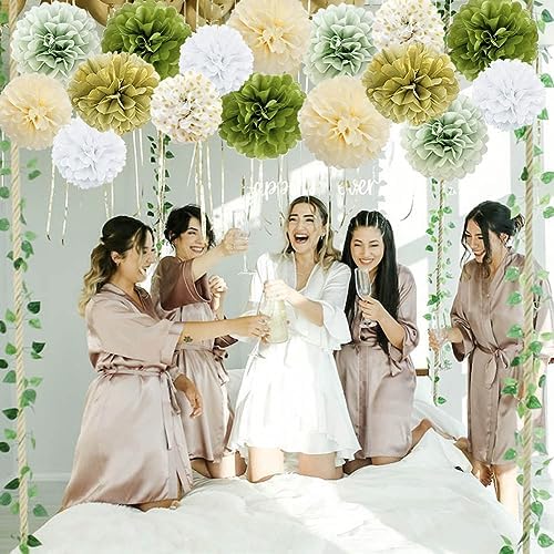 Sage Green Gold White Tissue Pom Poms Party Decor Kit