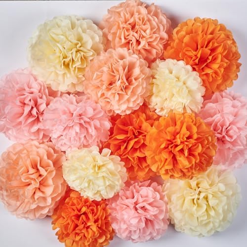 15Pcs Pink Orange Tissue Pom Poms Flower Decorations