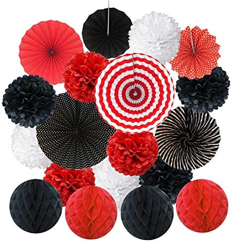 Hanging Paper Fan Set with Pom Poms and Honeycomb Balls