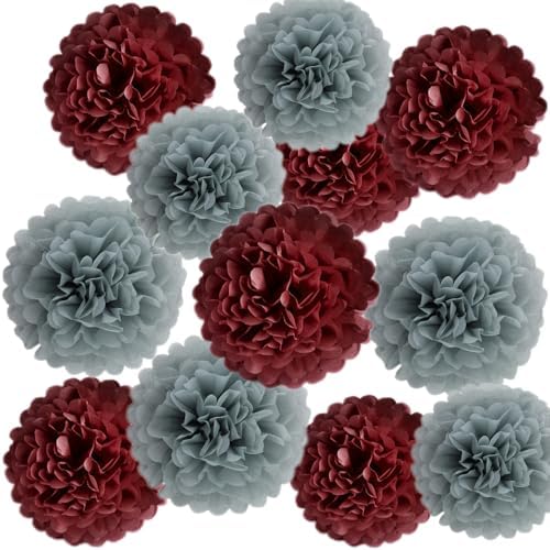 Heartfeel 12pcs Tissue Paper Pom Poms Grey and Burgundy