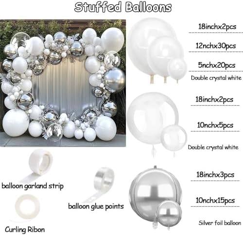 White Silver Balloon Garland with Foil Balloons for Parties and Celebrations