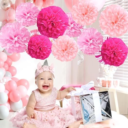 12pcs Pink Tissue Paper Pom Poms DIY Decor Kit