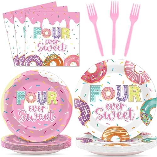 96 Pcs 4th Birthday Donut Party Decor Set