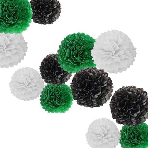 Black Green White Paper Pom Poms - 10inch 12inch Set of 12