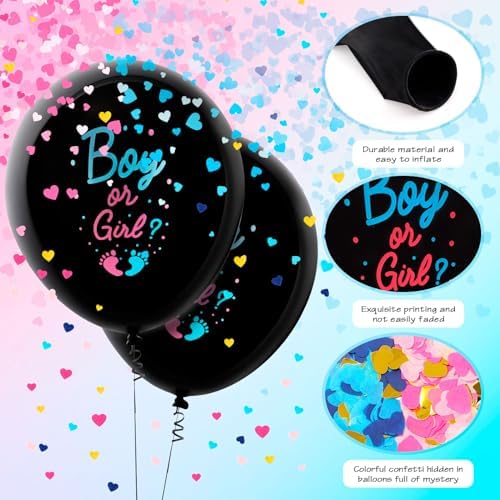 2 Pcs Black Gender Reveal Balloons with Confetti