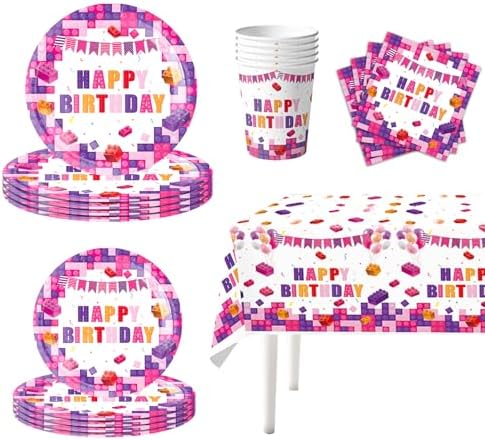 Pink Building Block Birthday Party Set