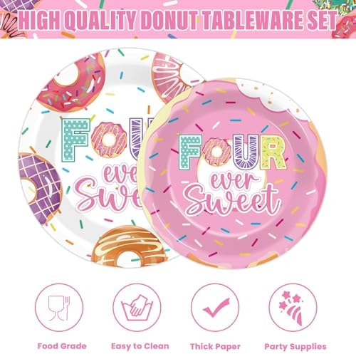 96 Pcs 4th Birthday Donut Party Decor Set
