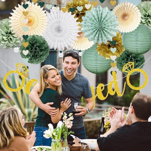 Engagement Party Decor Gold Banner Pom Poms Lanterns Fans Set