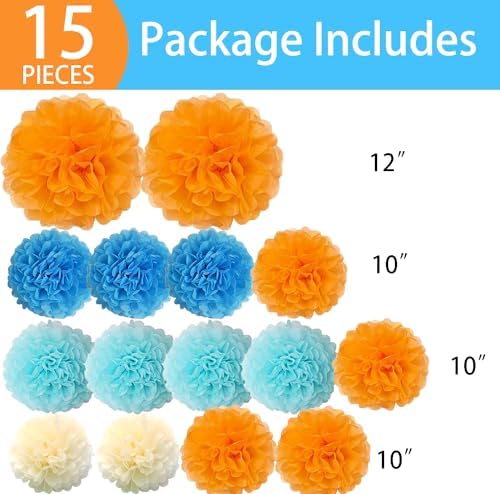 15PCS Blue Orange Party Decorations Tissue Pom Poms
