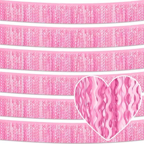 6 Pack 10 Feet Macaron Pink Wave Foil Fringe Garland