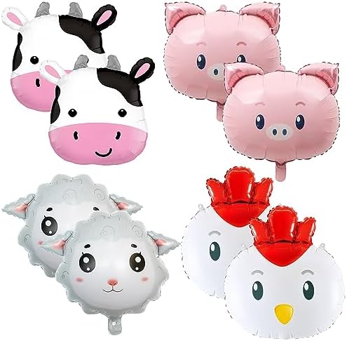 8Pcs Farm Animal Balloons Cow Pig Sheep Chicken Foil Decorations