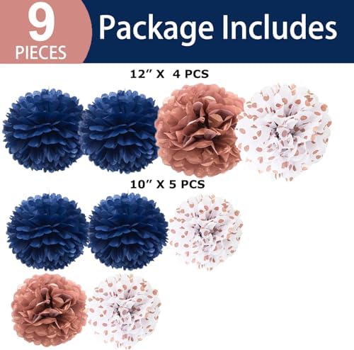 Navy Blue Rose Gold Tissue Pom Poms Decorations 9 Pack