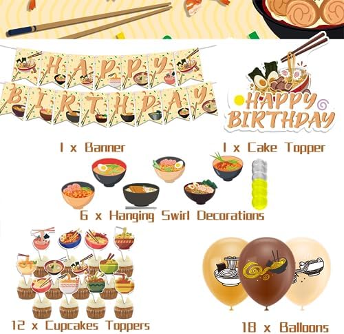 Ramen Birthday Decorations with Balloons and Toppers