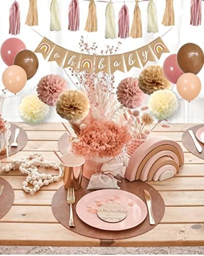 Boho Pink Brown Baby Shower Decorations Set 40-Pack