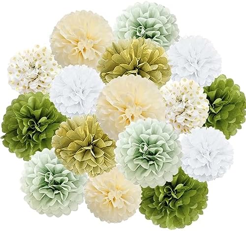 Sage Green Gold White Tissue Pom Poms Party Decor Kit