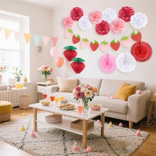 Strawberry Birthday Decorations Pom Poms Fans Honeycomb Balls Garland