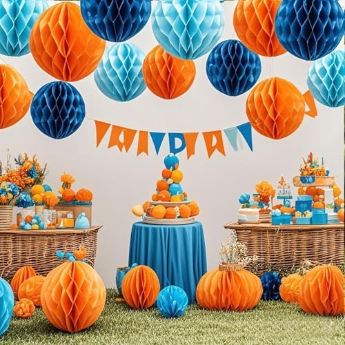 Orange Blue Paper Honeycomb Balls 12 Pack
