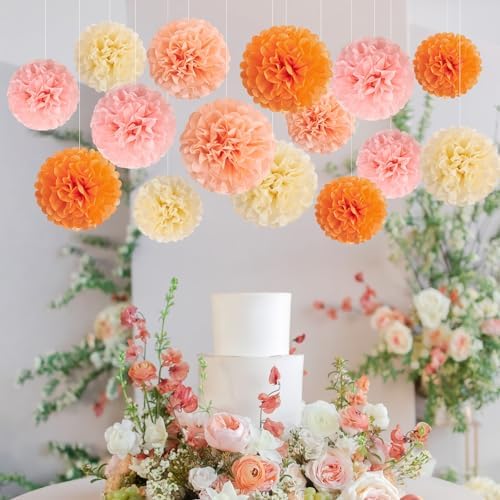 15Pcs Pink Orange Tissue Pom Poms Flower Decorations