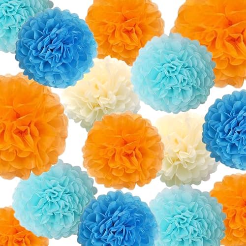 15PCS Blue Orange Party Decorations Tissue Pom Poms