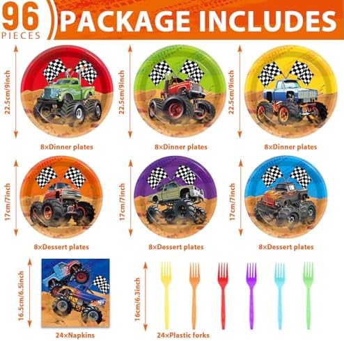 96Pcs Monster Truck Party Plates Napkins Forks for Kids