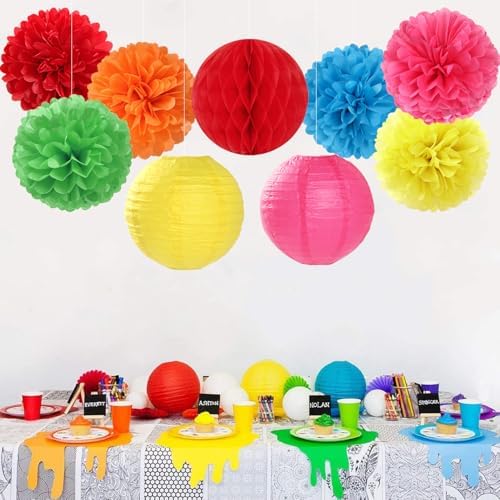 Rainbow Paper Flowers Tissue Pom Poms 15pcs Party Decorations