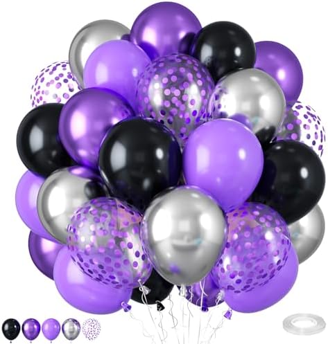 50pcs Purple Black Balloons with Ribbons Confetti for Halloween Birthdays Anniversaries Graduations