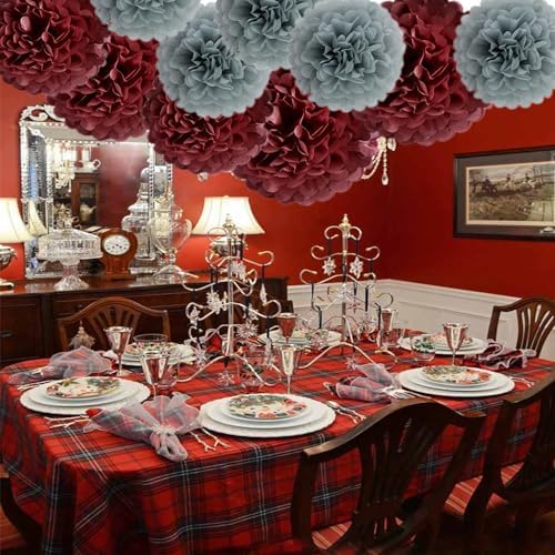 Heartfeel 12pcs Tissue Paper Pom Poms Grey and Burgundy