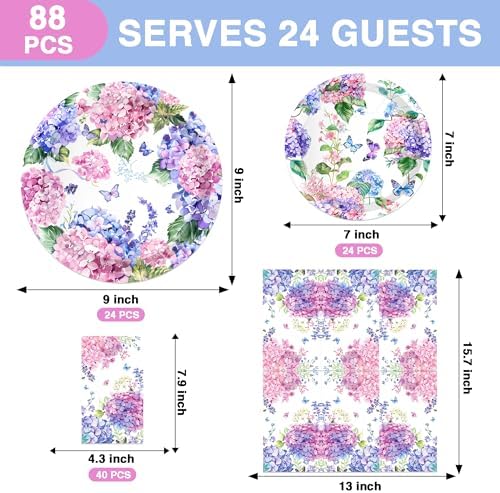 CC HOME Hydrangea Themed Paper Plates Napkins Set 88PCS