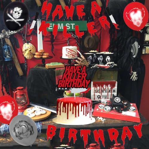 Killer Birthday Decorations Set Balloons Banner Tablecloth Cake Toppers