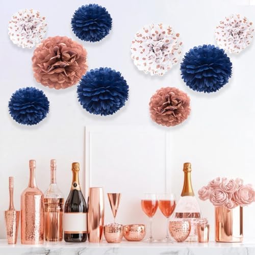 Navy Blue Rose Gold Tissue Pom Poms Decorations 9 Pack