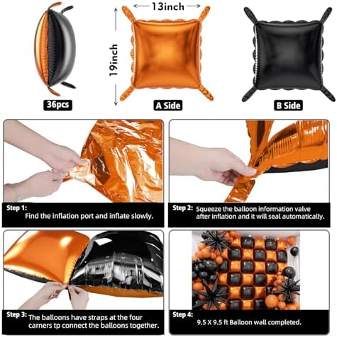 36pcs Black and Orange Square Foil Balloons with 147pcs Garland Arch Kit