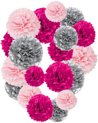 Rose Red Pink and Silver Paper Pom Poms 12PCS Set