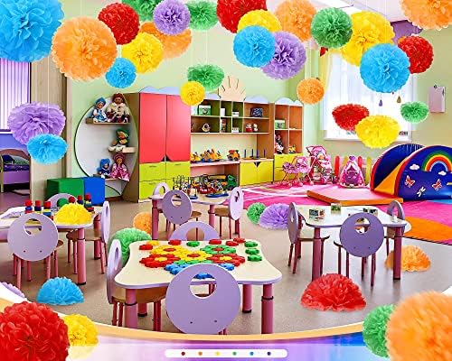 Estune 48 Pcs Tissue Paper Pom Poms Rainbow Decorations