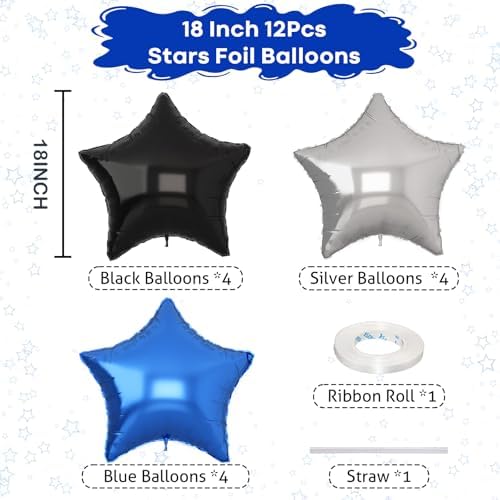 TAOYE Blue Black Star Foil Balloons 12Pcs 18Inch Set