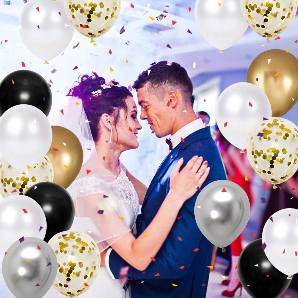 Black Gold Silver Party Balloons 50pcs 12 Inch Metallic Confetti Balloons with Ribbon