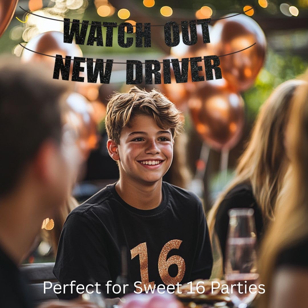 16th Birthday Party Banner for Boys Black Glitter Pre-Strung