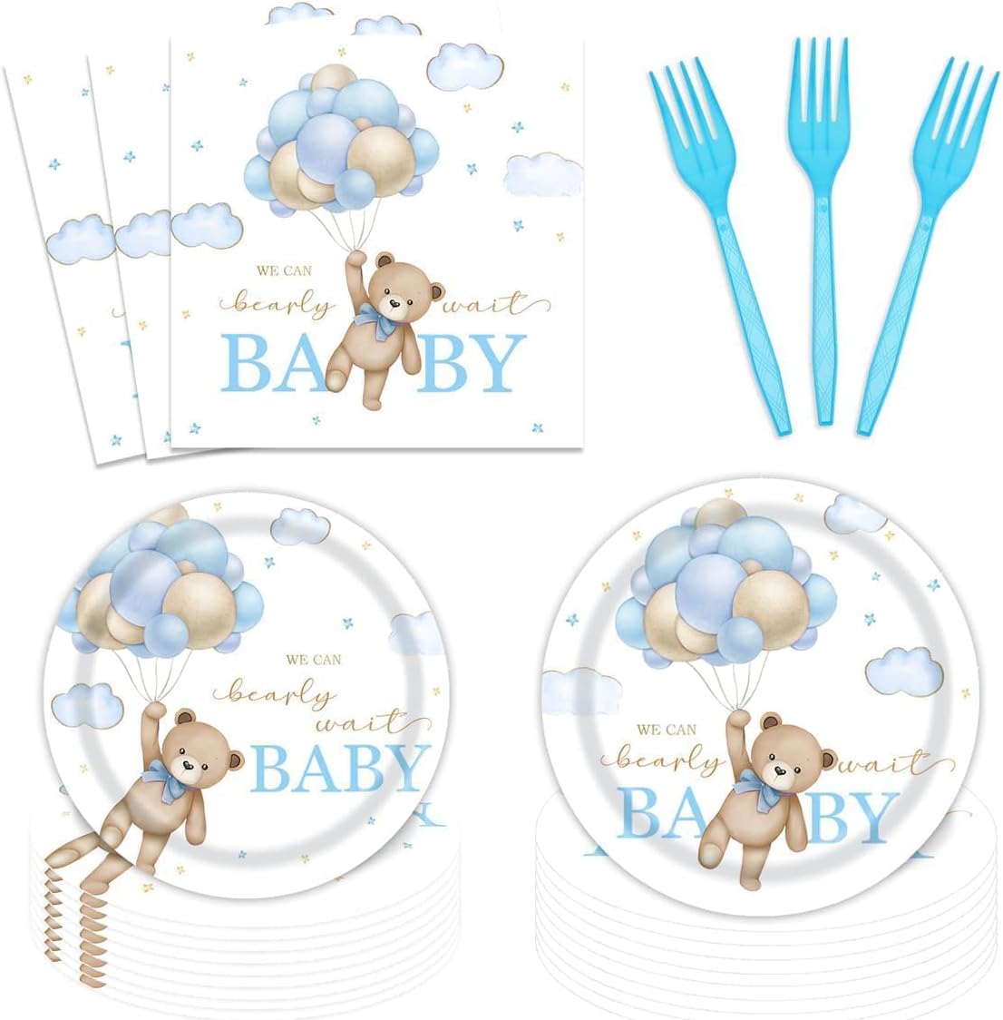 96 Pcs Bear Baby Shower Plates and Napkins Set
