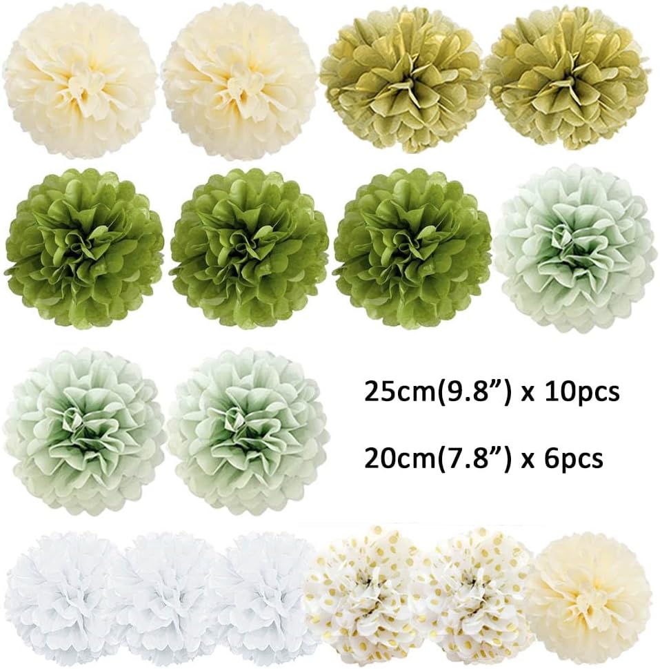 Sage Green Gold White Tissue Pom Poms Party Decor Kit