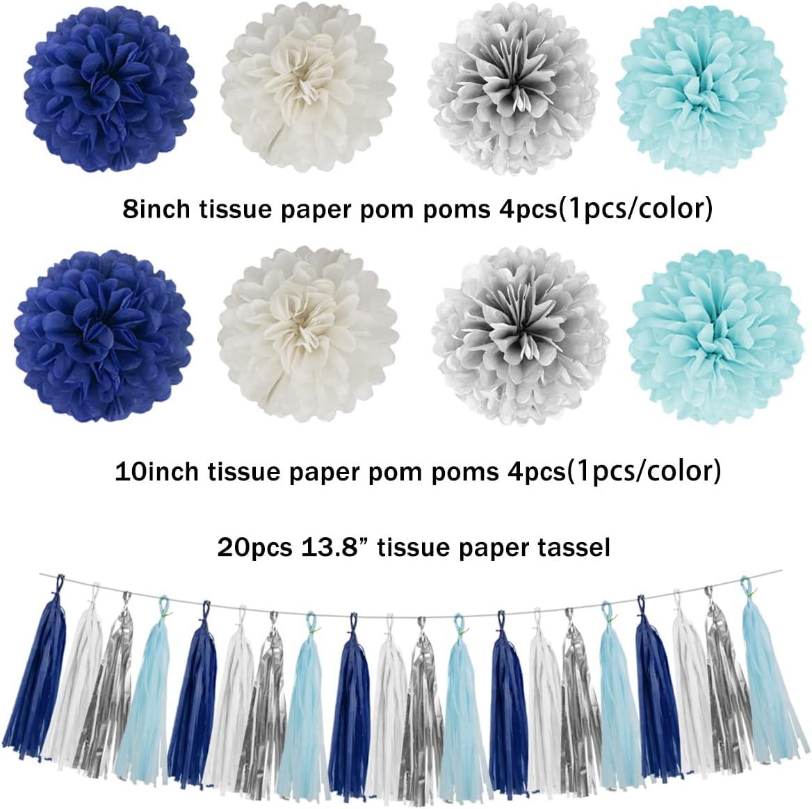 Teal Silver White Navy Blue Party Decorations 30pcs
