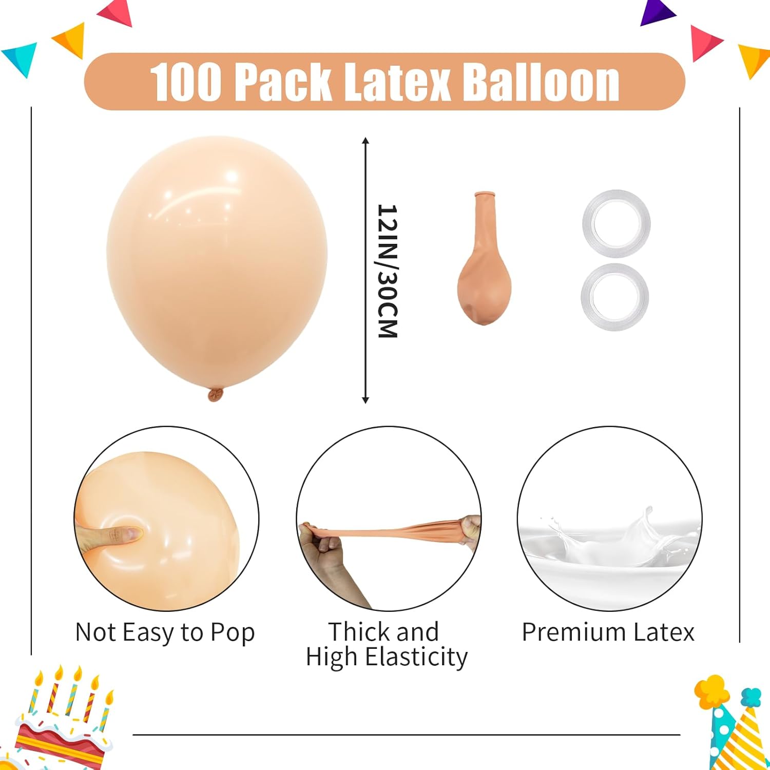 PatiCool 12 Inch 100pcs Nude Balloons with Ribbons