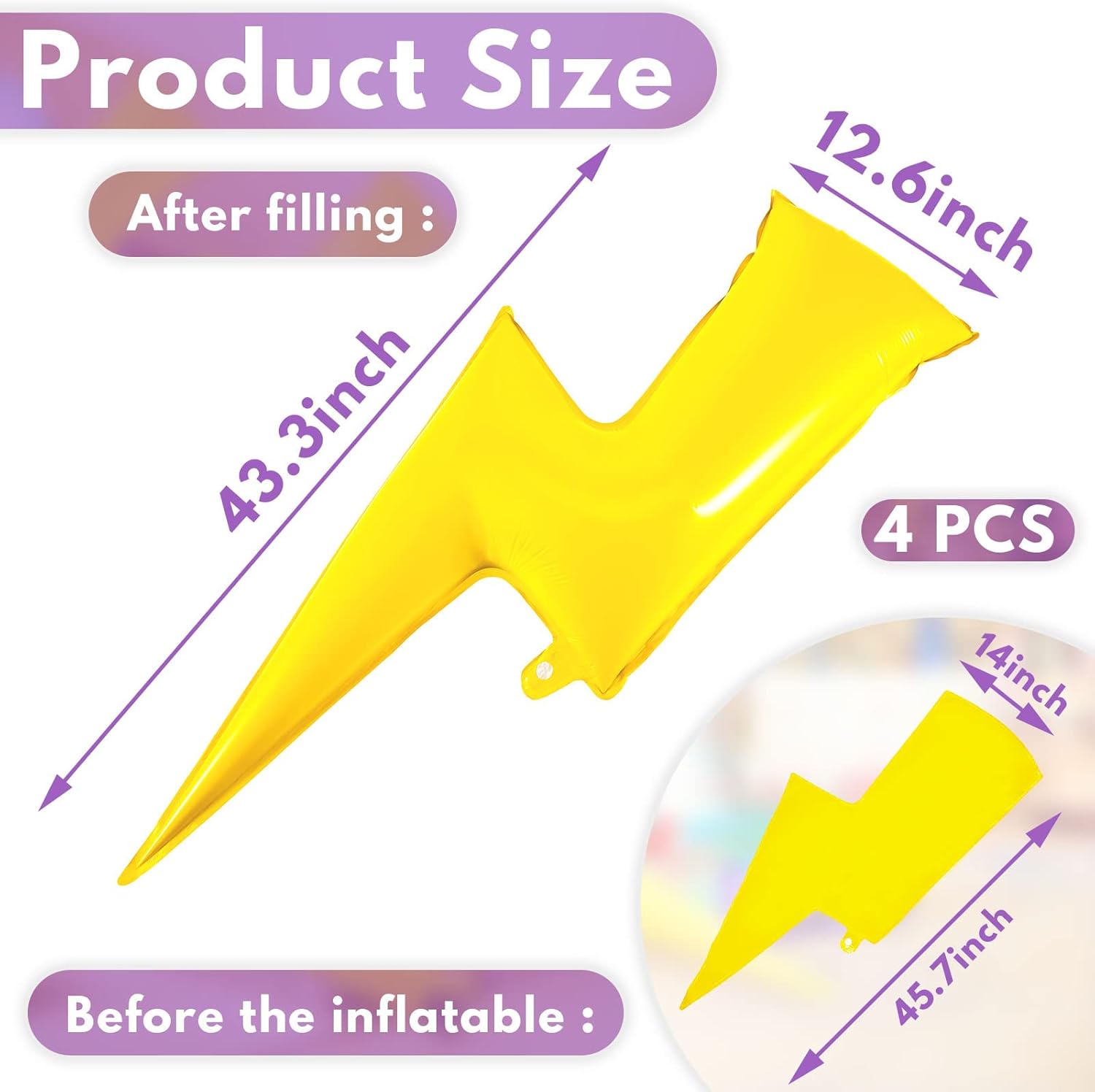 Deekin 4 Pcs 45 Inch Lightning Bolt Foil Balloons Yellow