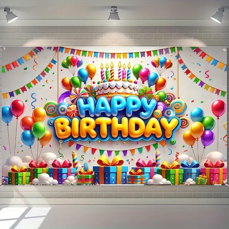 Happy Birthday Backdrop with Balloons and Cake 71x43 Inch Decor