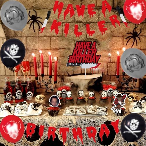 Killer Birthday Decorations Set Balloons Banner Tablecloth Cake Toppers