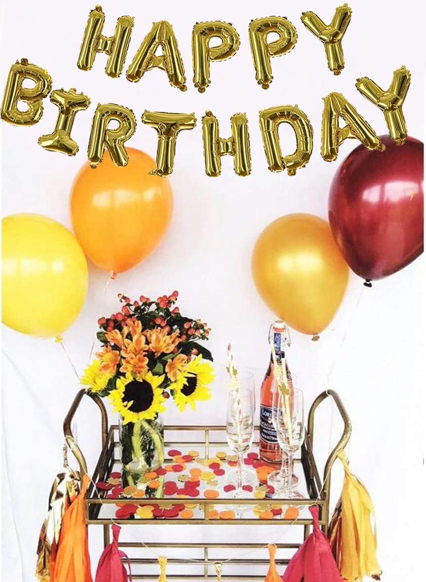 Fall Birthday Balloons with Burgundy Gold Orange Decor