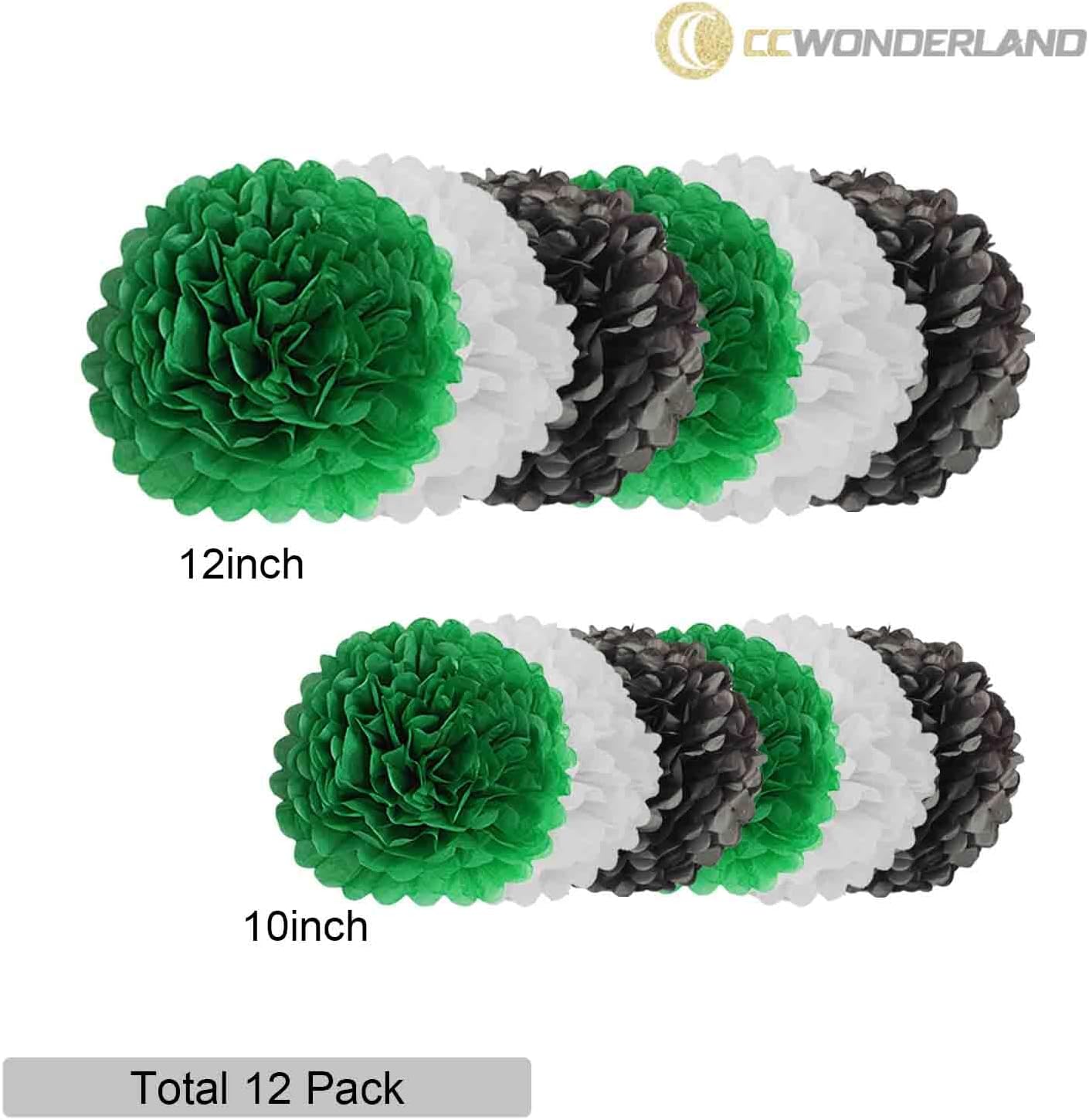 Black Green White Paper Pom Poms - 10inch 12inch Set of 12