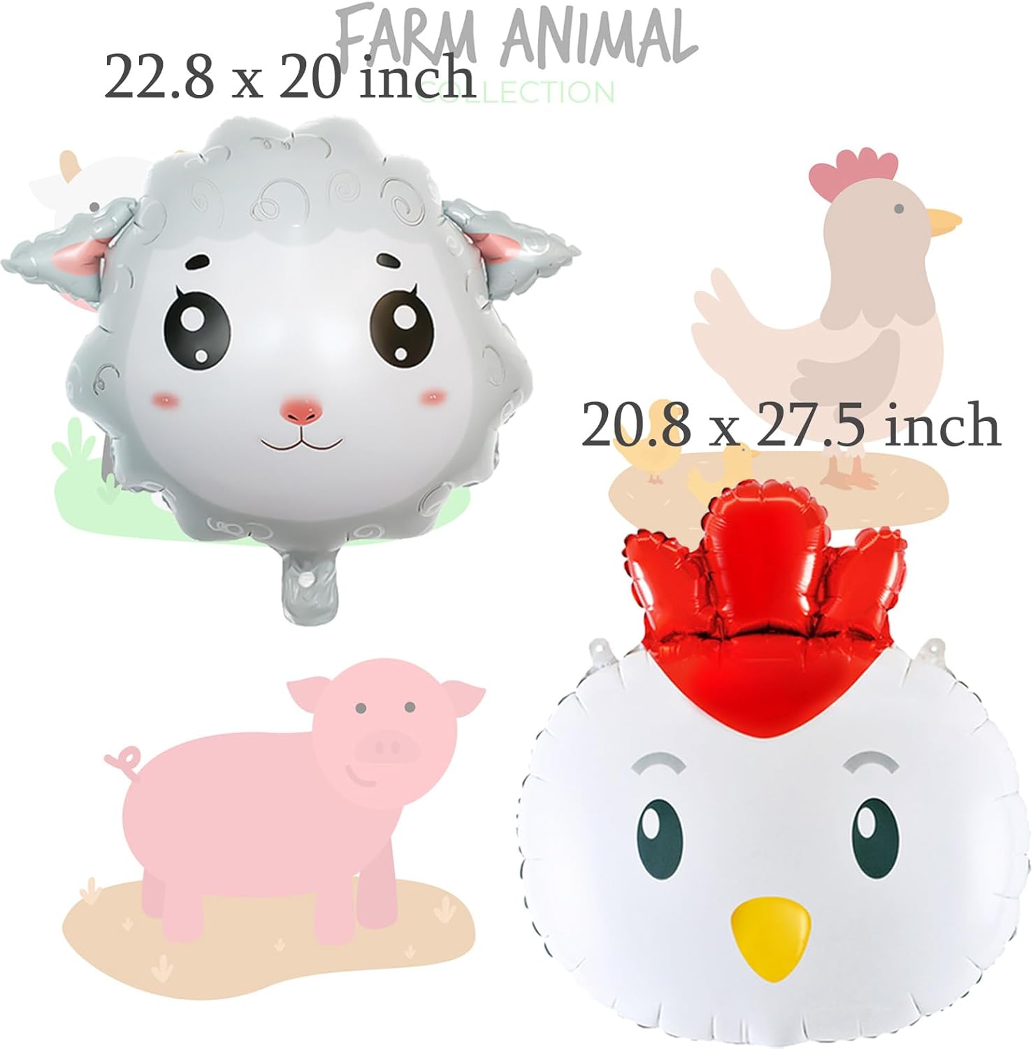 8Pcs Farm Animal Balloons Cow Pig Sheep Chicken Foil Decorations