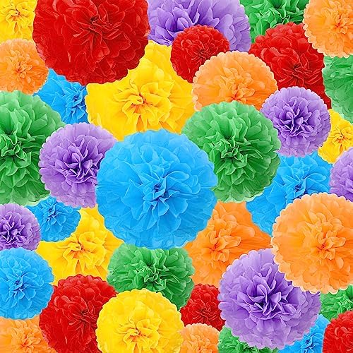 Estune 48 Pcs Tissue Paper Pom Poms Rainbow Decorations