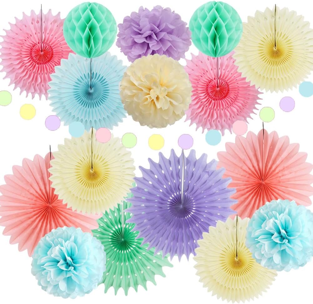 Pastel Party Decorations Kit 4pcs Fans 6pcs Pom Poms